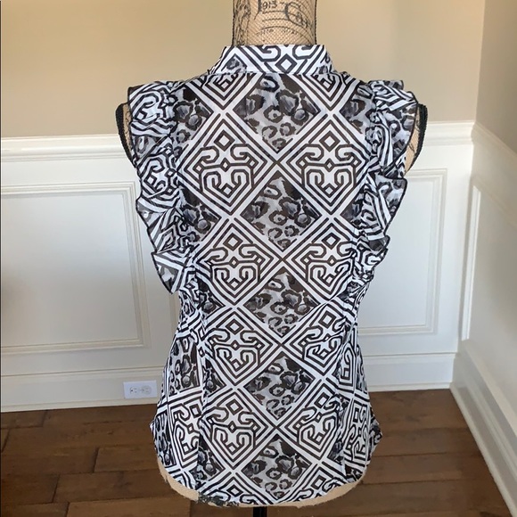 Lapis Sheer Patterned Ruffled Button Up Top EUC - Picture 5 of 8